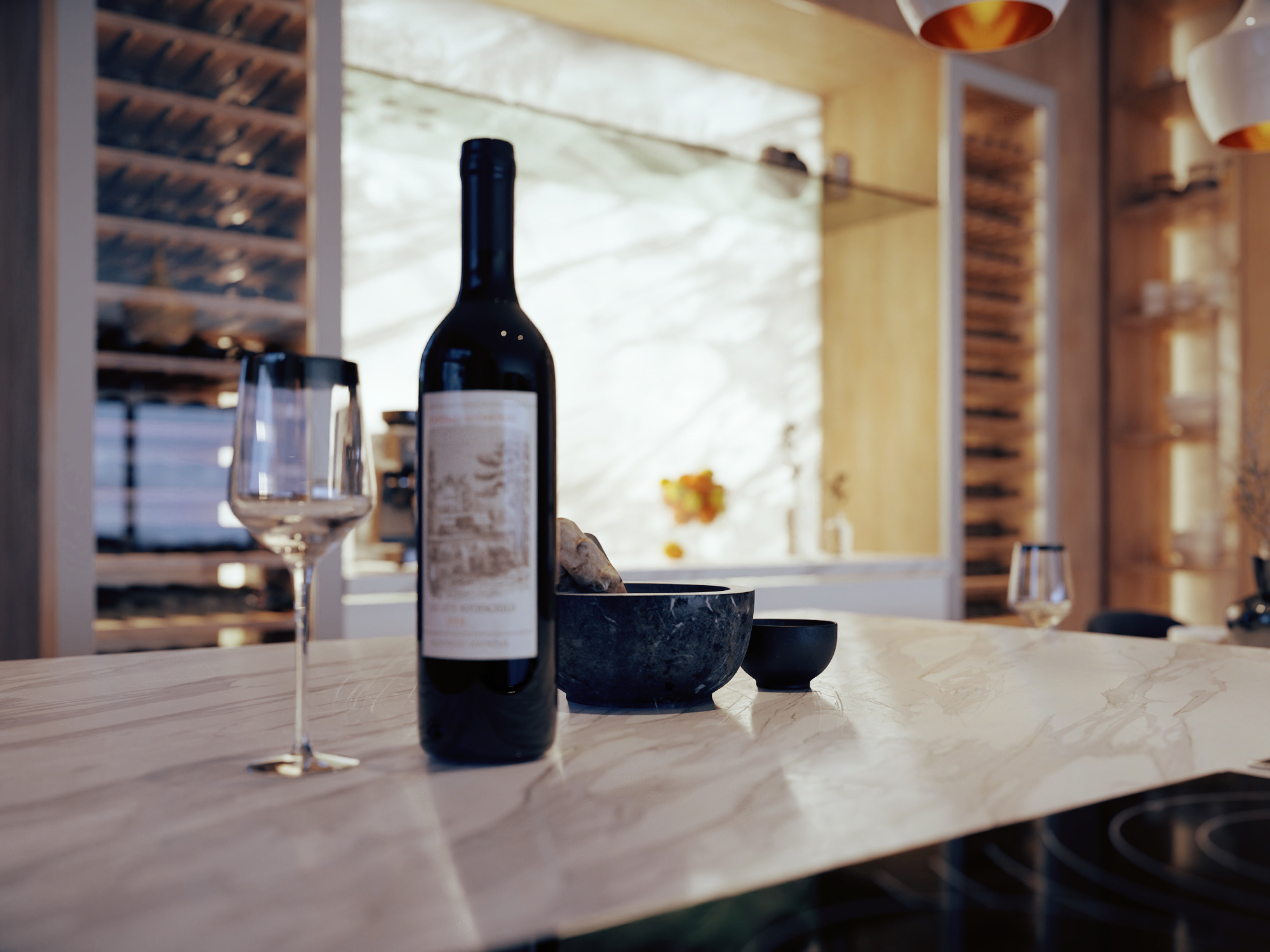 kitchen design glass of wine marble architectural visualization