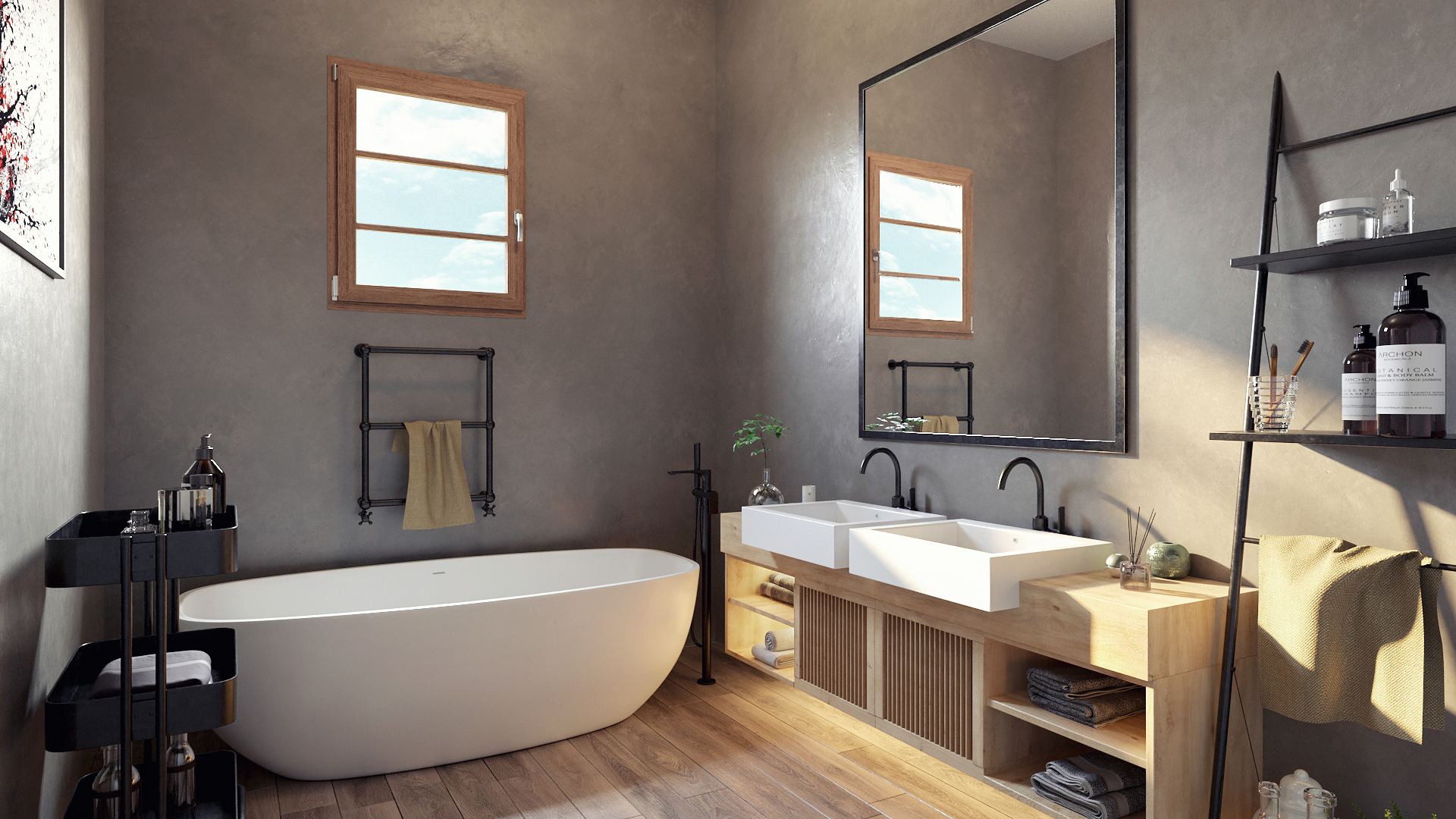 bathroom japanese wood cement plaster wall black faucets modern