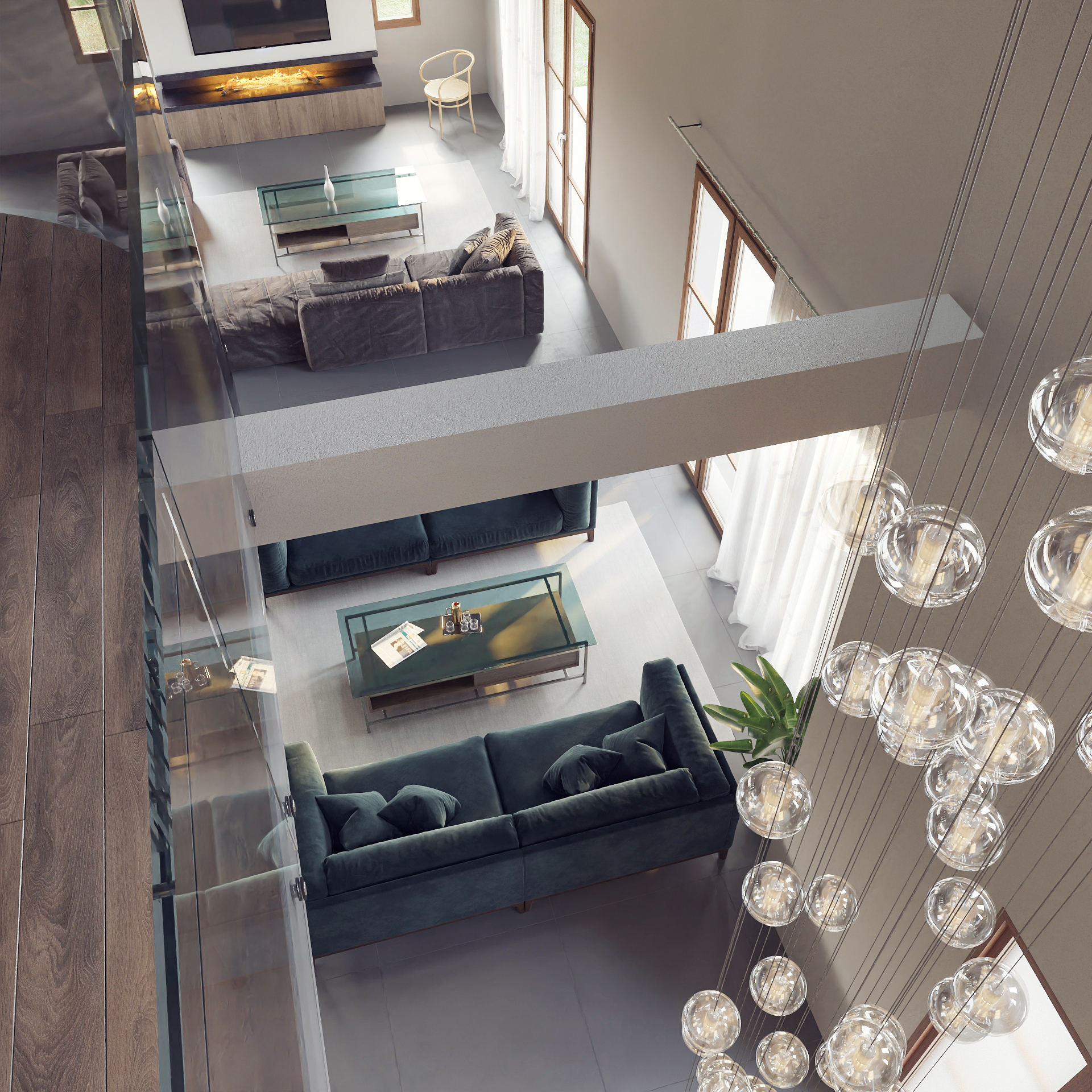 top view living room magnificent chandelier high ceiling