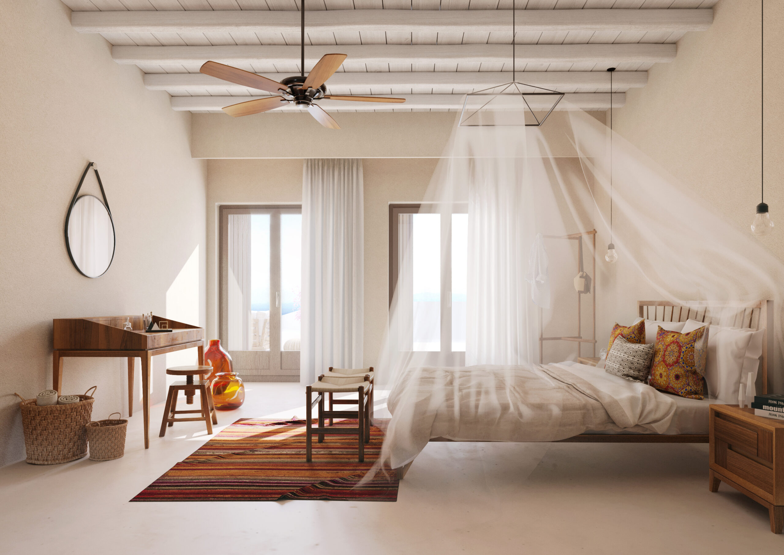 villa in mykonos bedroom red hue mosquito net