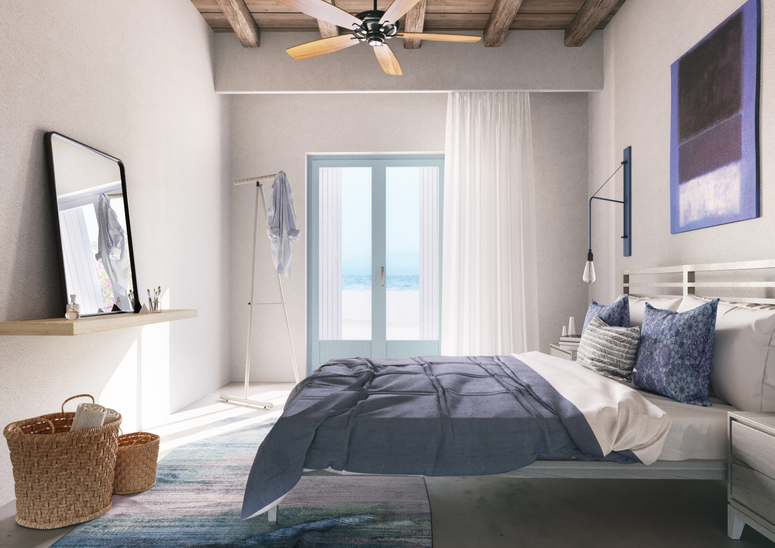 island architecture design interior bedroom blue hue mykonos