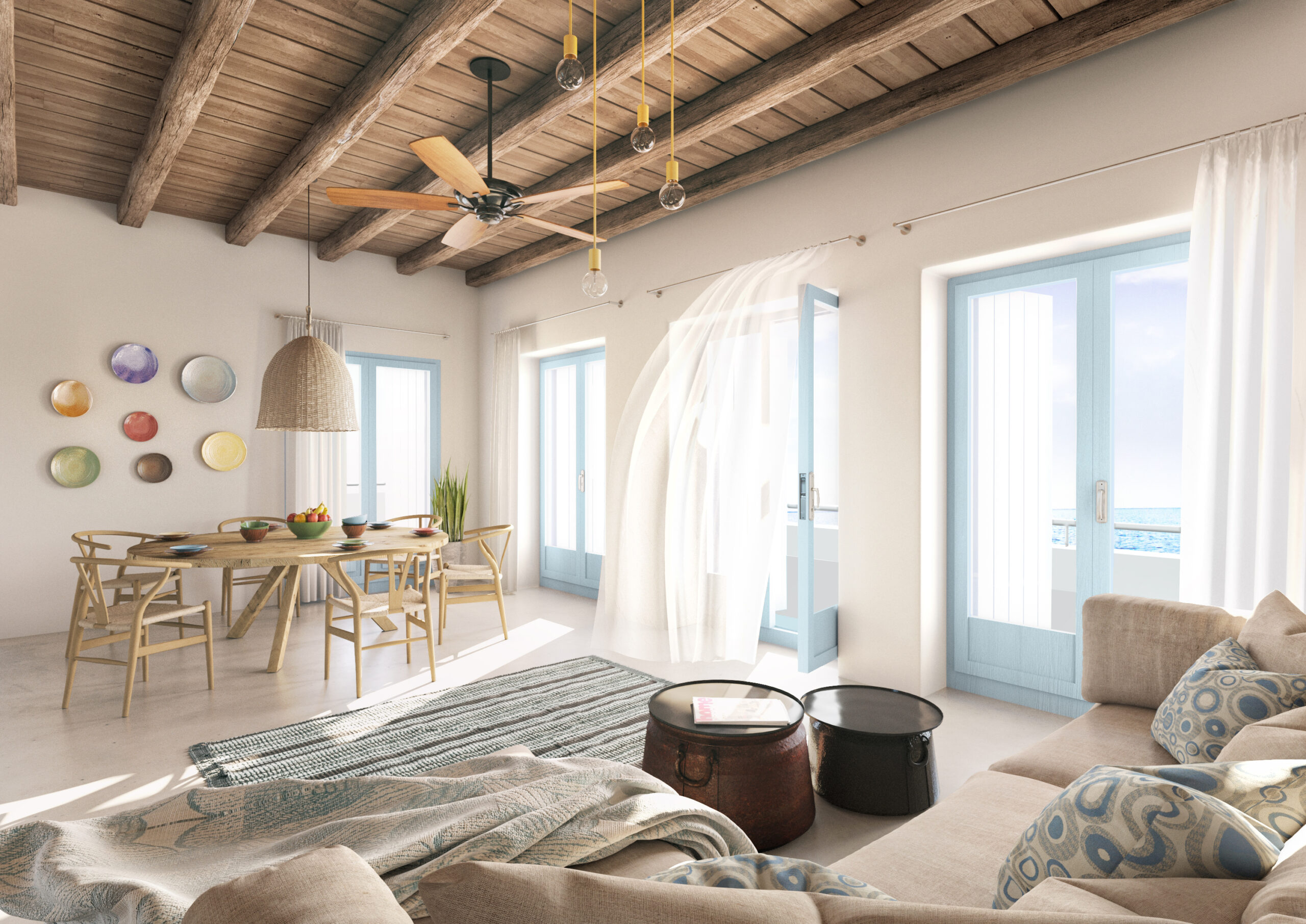 villas in mykonos airy curtains living room design