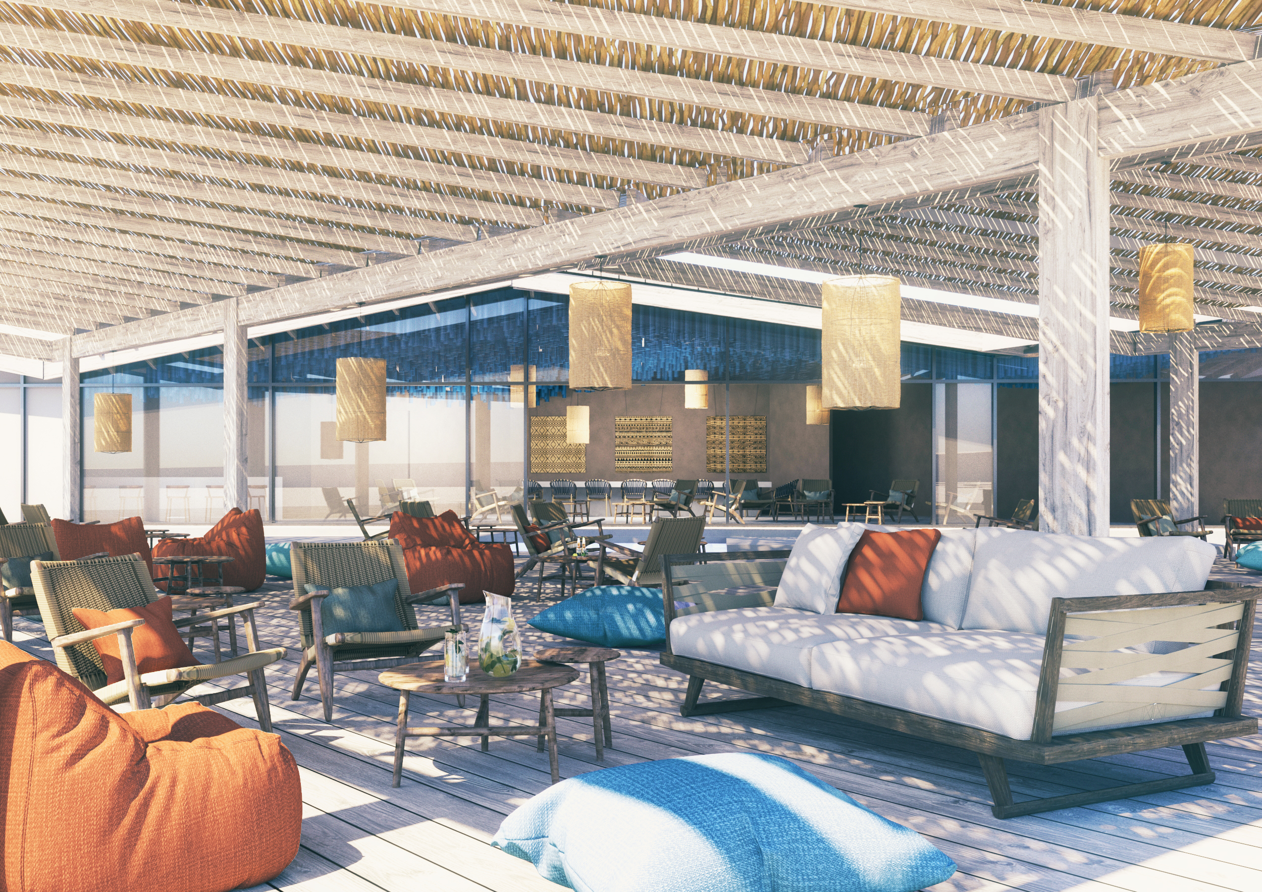 exterior hotel bar restaurant colorful boho deisgn