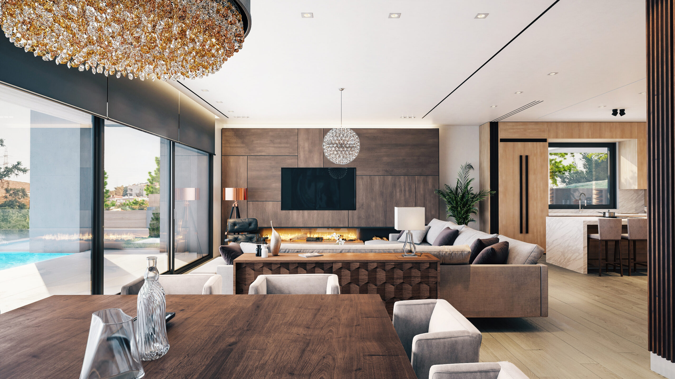 residence in penteli interior design cosy fireplace architectural visualization