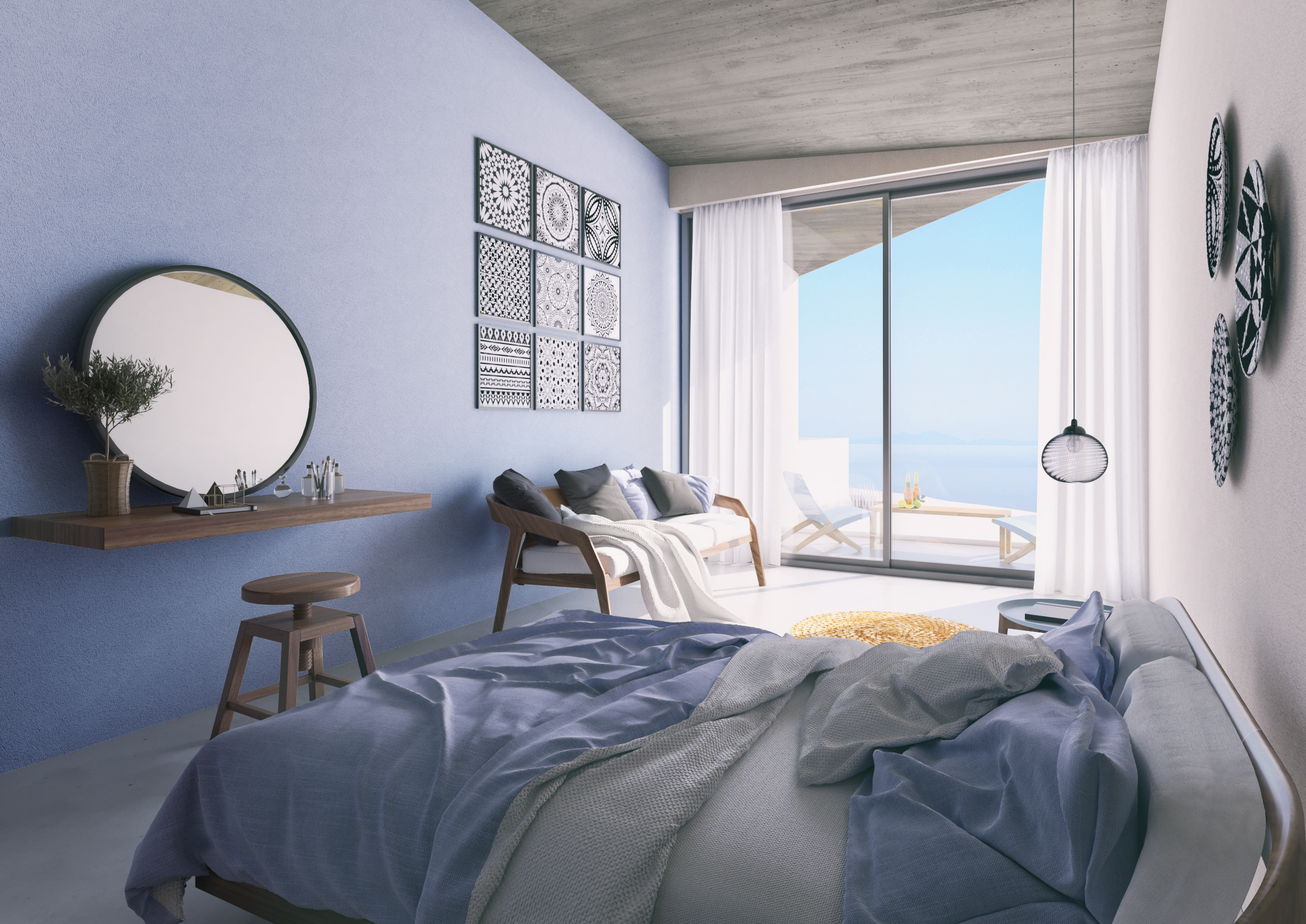 light blue apartment inen bedding sunny view