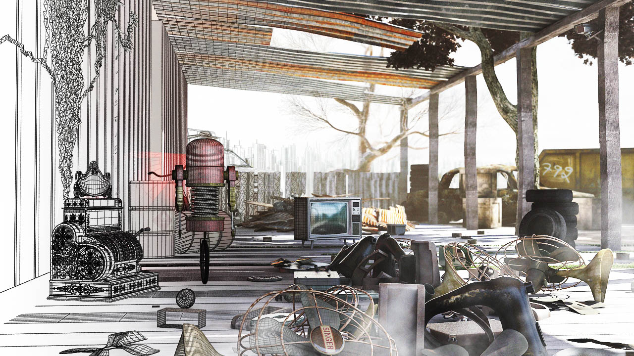 a robot in scraps art edges 3d