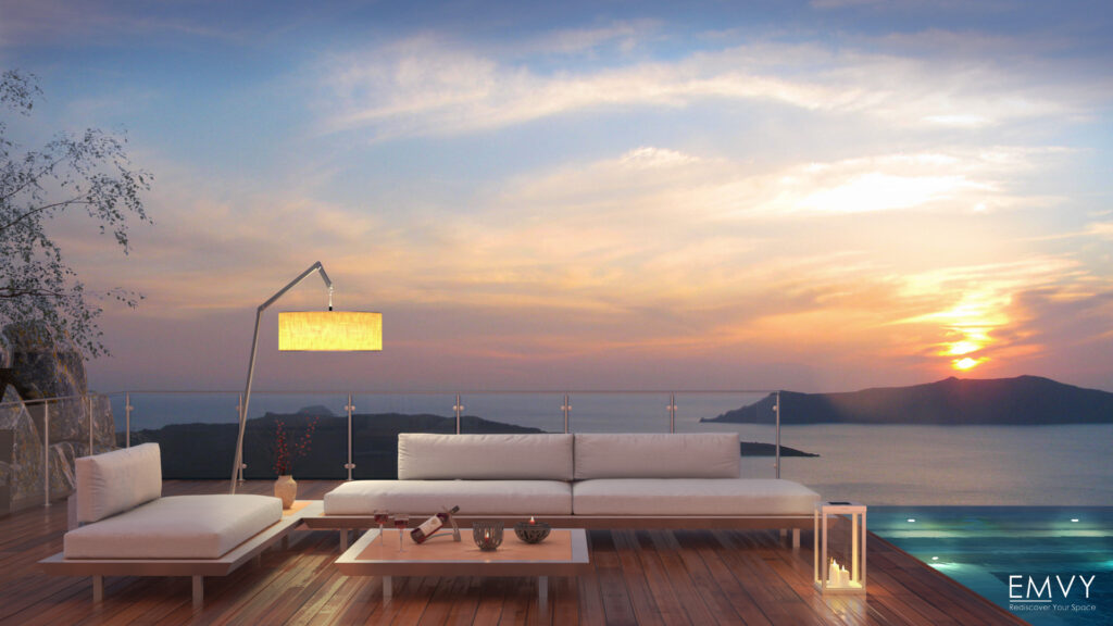 santorini view sunset emvy furniture pool