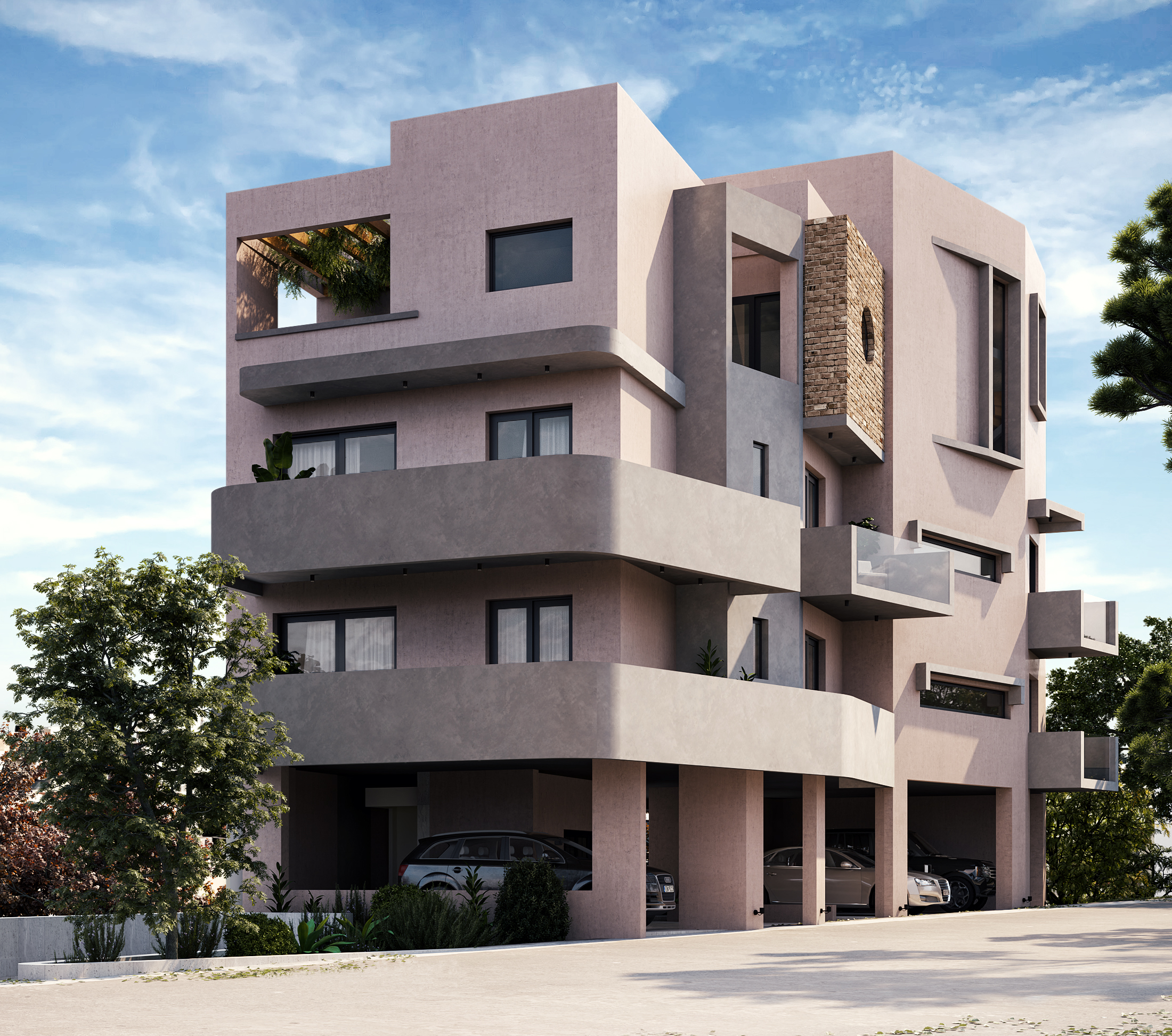 block of flats heraklion crete sunny day side view architectural visualization