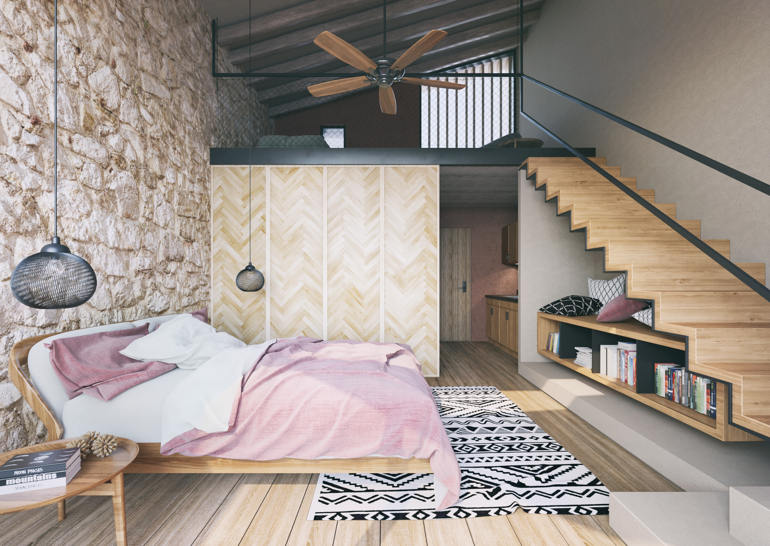 vacation apartment rhodes wood metal stone wall