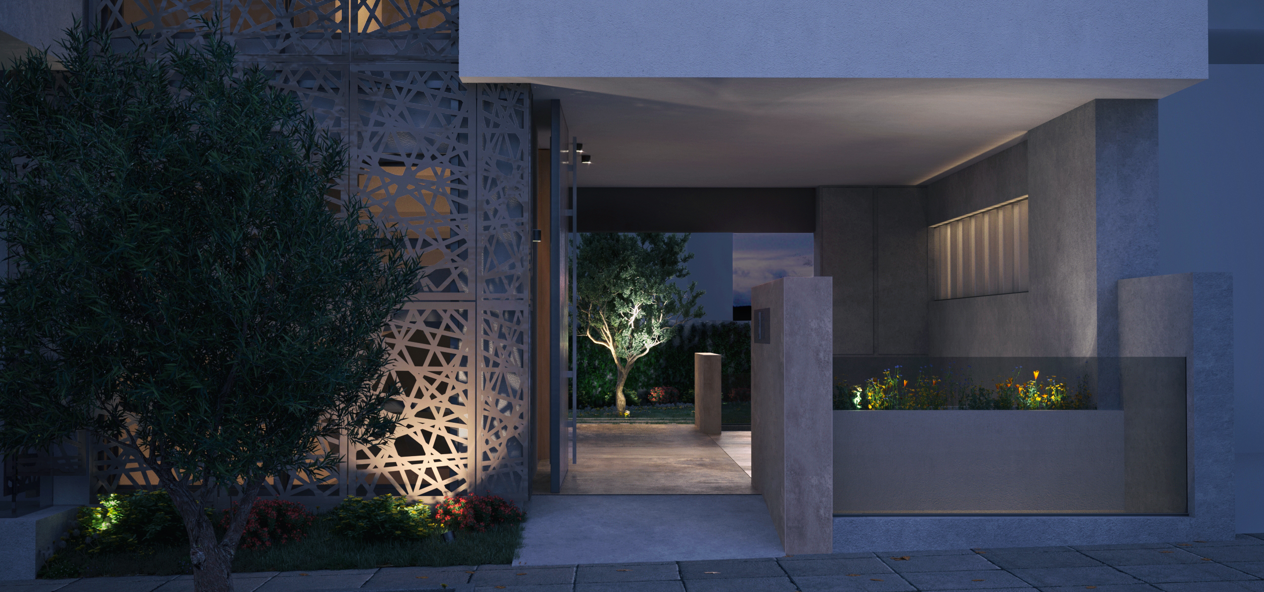 entrance building concrete olive tree lighting magnificent