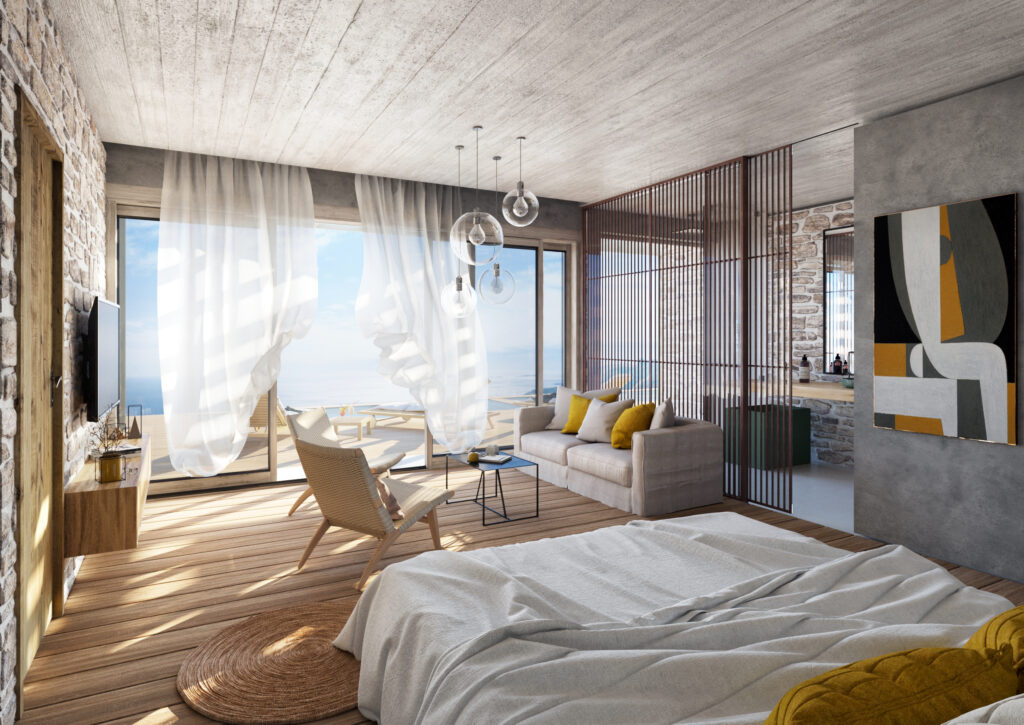 bedroom kerkyra vacation apartment stone wall linen bedding