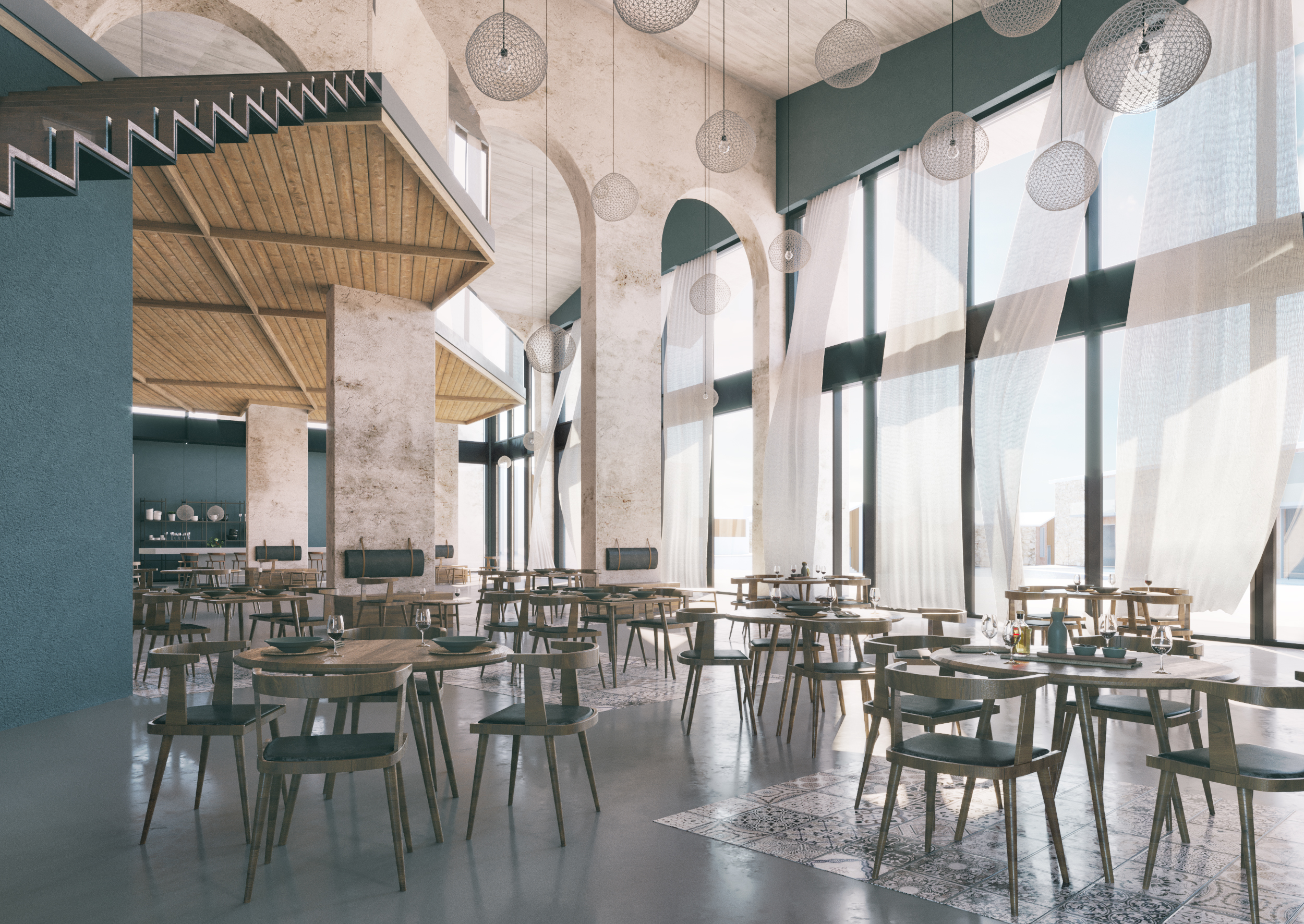 restaurant hotel airy curtains bubble lighting