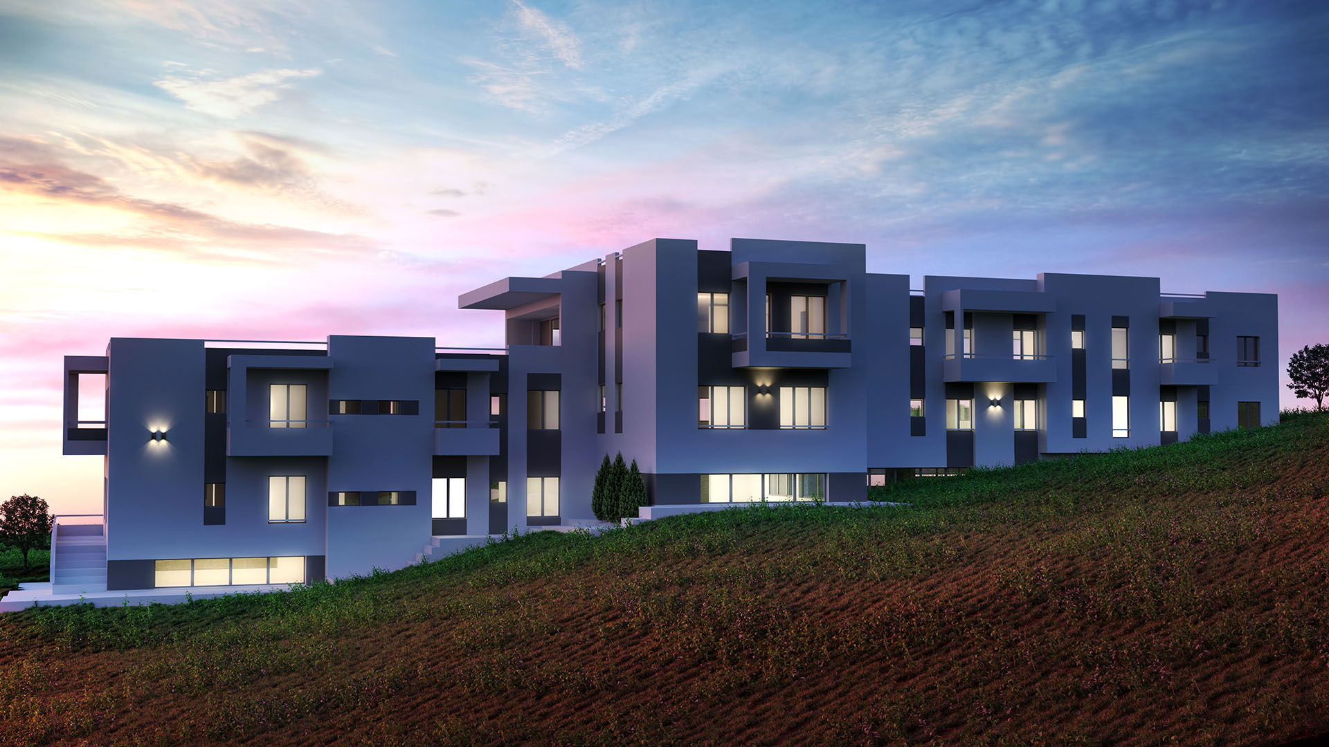 dusk building pink sky grass lighting