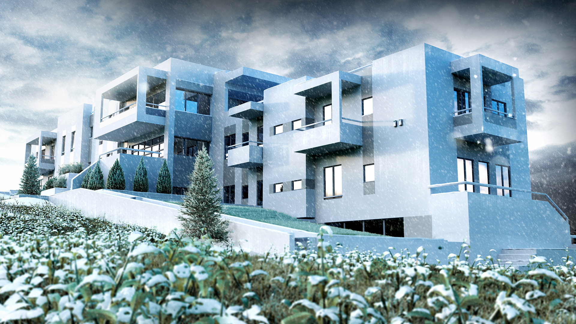 snowy building vegetation cloudy sky