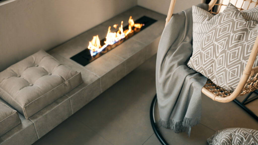 fireplace with swinging chair